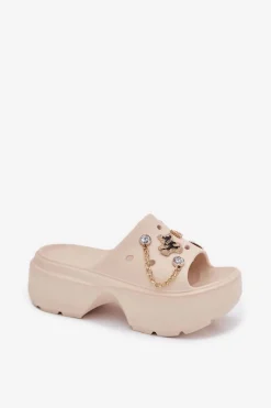 Sale Piankowe Klapki Damskie Na Masywnej Platformie Ze Złotymi Przypinkami Beżowe Ivoriel Damskie Klapki Basenowe|Klapki Na Platformie