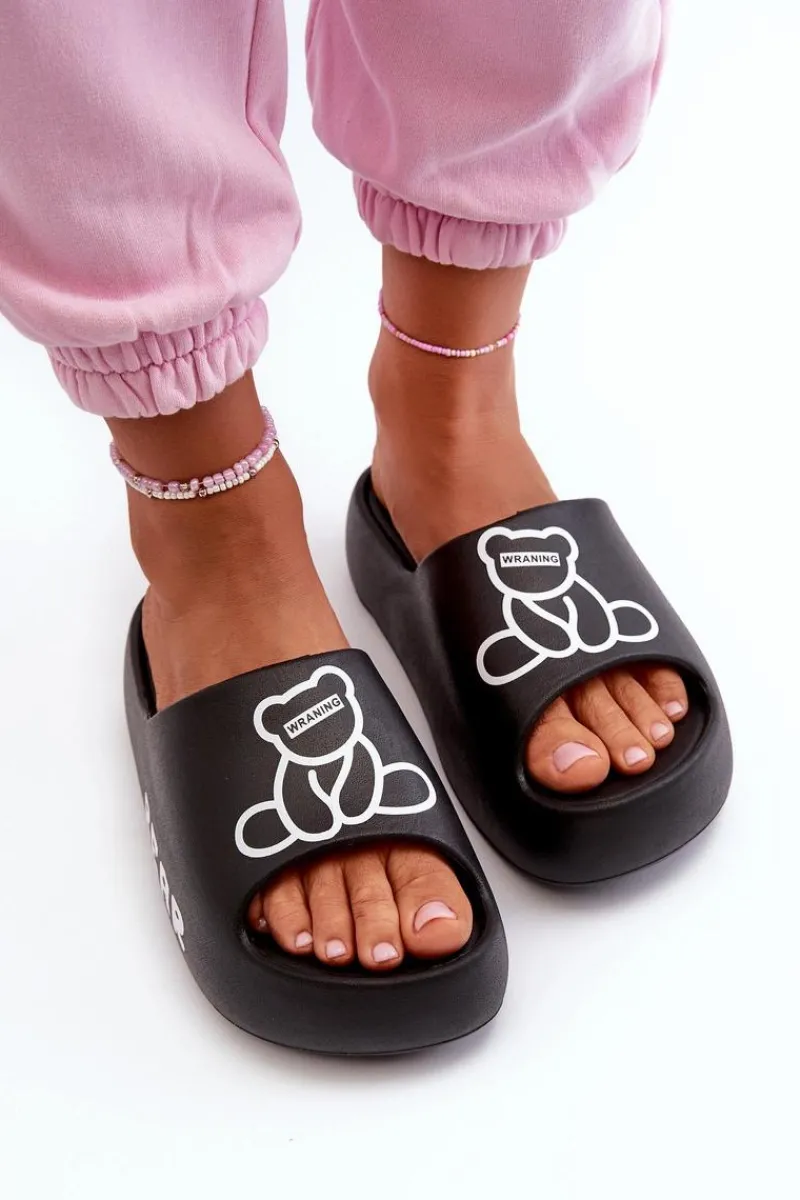 New Piankowe Klapki Damskie Na Masywnej Podeszwie Z Misiem Czarne Lamira Damskie Klapki Basenowe|Klapki Na Platformie