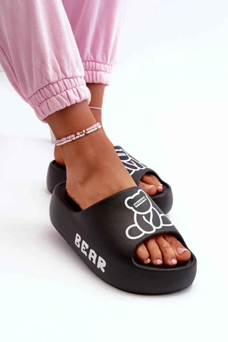 New Piankowe Klapki Damskie Na Masywnej Podeszwie Z Misiem Czarne Lamira Damskie Klapki Basenowe|Klapki Na Platformie