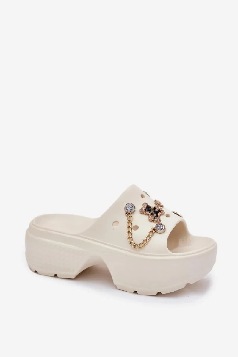 Sale Boto Piankowe Klapki Damskie Na Masywnej Platformie Ze Złotymi Przypinkami Ecru Ivoriel