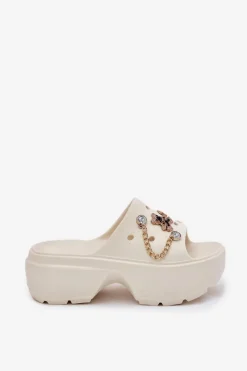 Sale Boto Piankowe Klapki Damskie Na Masywnej Platformie Ze Złotymi Przypinkami Ecru Ivoriel