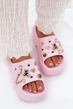 Klapki Basenowe|Klapki Na Platformie>Boto Piankowe Klapki Damskie Na Masywnej Platformie Ze Złotymi Przypinkami Różowe Ivoriel