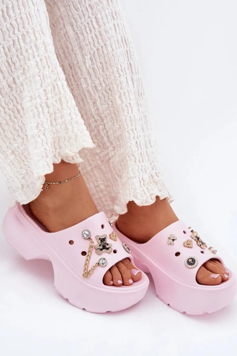 Klapki Basenowe|Klapki Na Platformie>Boto Piankowe Klapki Damskie Na Masywnej Platformie Ze Złotymi Przypinkami Różowe Ivoriel