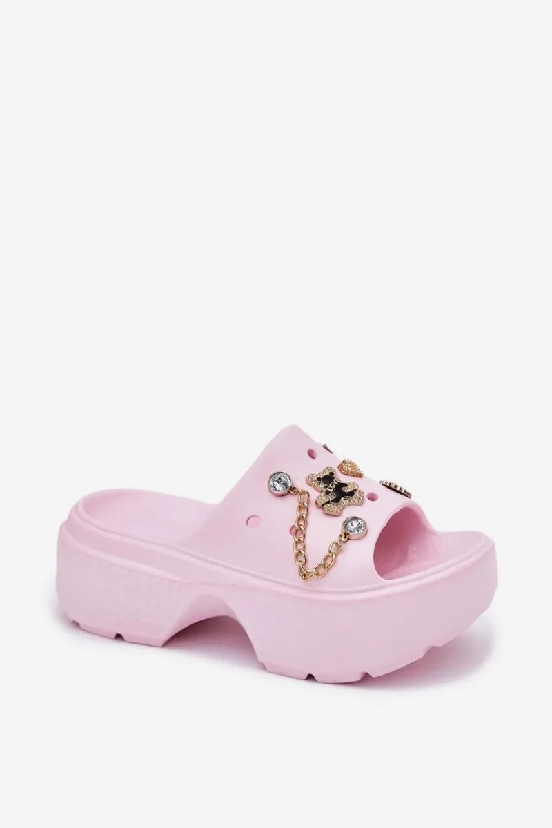 Klapki Basenowe|Klapki Na Platformie>Boto Piankowe Klapki Damskie Na Masywnej Platformie Ze Złotymi Przypinkami Różowe Ivoriel