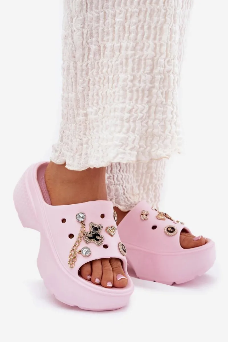 Klapki Basenowe|Klapki Na Platformie>Boto Piankowe Klapki Damskie Na Masywnej Platformie Ze Złotymi Przypinkami Różowe Ivoriel