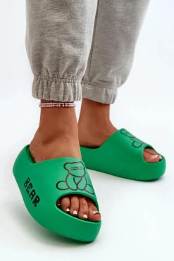 Klapki Basenowe|Klapki Na Platformie>Boto Piankowe Klapki Damskie Na Masywnej Podeszwie Z Misiem Zielone Lamira Zielony