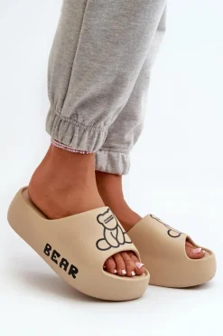 Boto Piankowe Klapki Damskie Na Masywnej Podeszwie Z Misiem Ciemnobeżowe Lamira