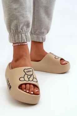 Boto Piankowe Klapki Damskie Na Masywnej Podeszwie Z Misiem Ciemnobeżowe Lamira