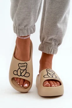 Boto Piankowe Klapki Damskie Na Masywnej Podeszwie Z Misiem Ciemnobeżowe Lamira