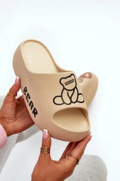 Boto Piankowe Klapki Damskie Na Masywnej Podeszwie Z Misiem Ciemnobeżowe Lamira