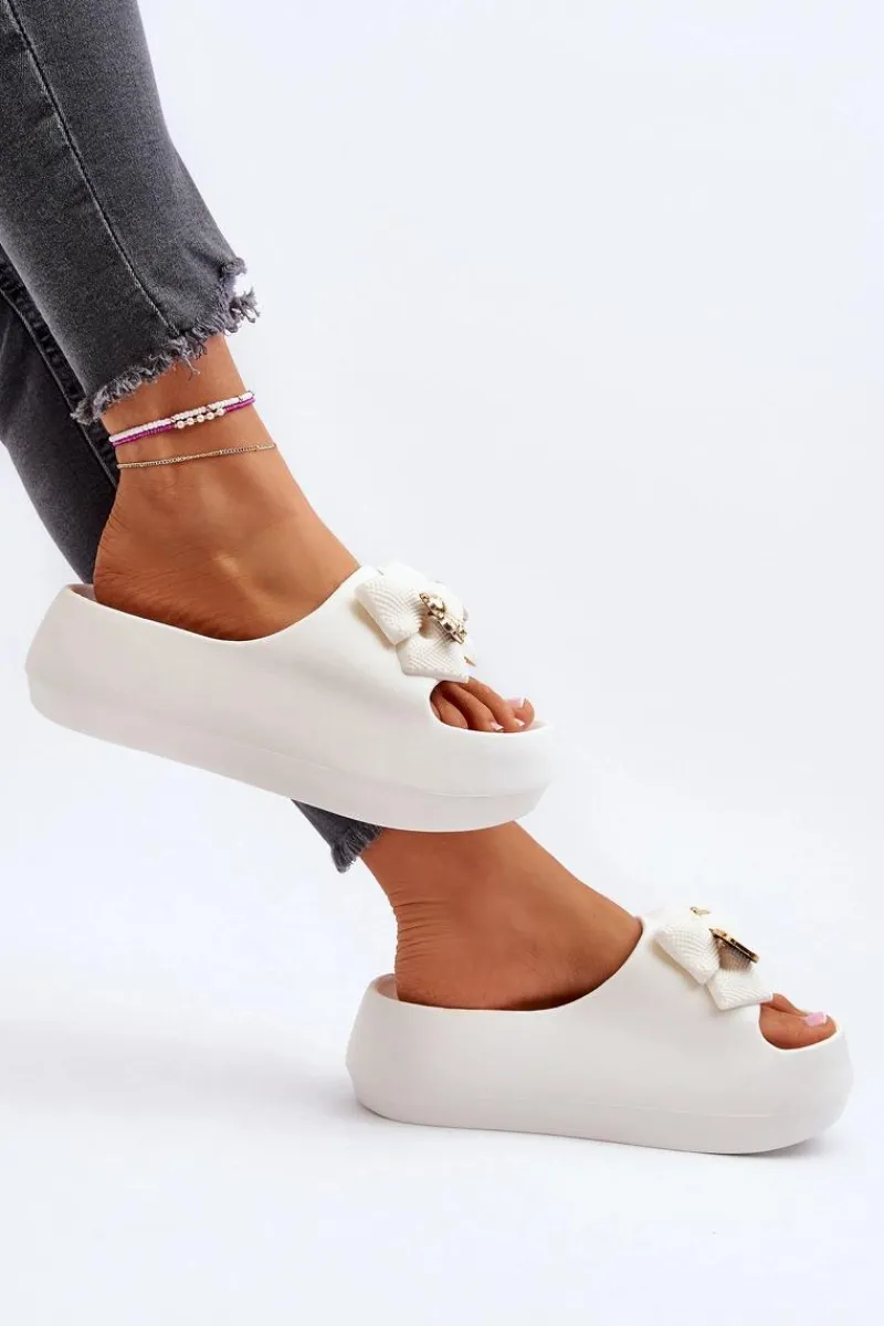 Hot Piankowe Klapki Damskie Z Kokardą Białe Salessa Damskie Klapki Na Platformie|Klapki Damskie Klasyczne