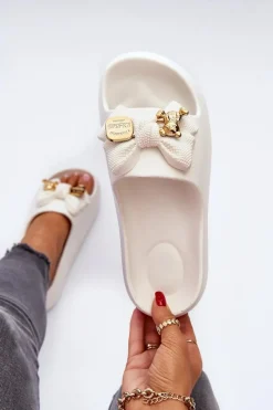 Hot Piankowe Klapki Damskie Z Kokardą Białe Salessa Damskie Klapki Na Platformie|Klapki Damskie Klasyczne