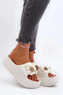 Hot Piankowe Klapki Damskie Z Kokardą Białe Salessa Damskie Klapki Na Platformie|Klapki Damskie Klasyczne