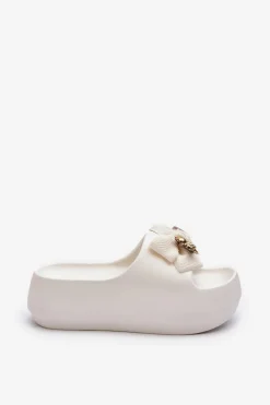 Hot Piankowe Klapki Damskie Z Kokardą Białe Salessa Damskie Klapki Na Platformie|Klapki Damskie Klasyczne