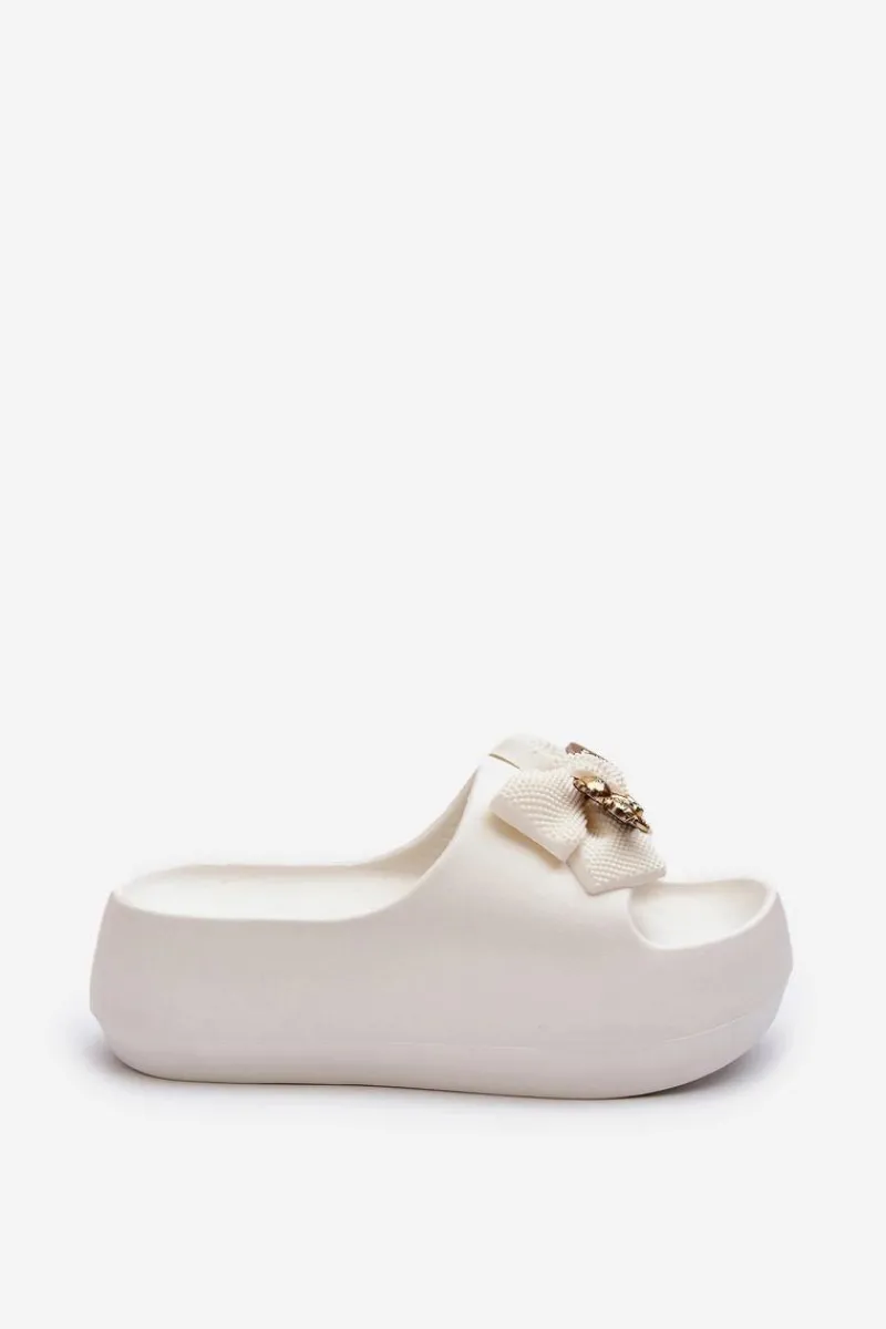 Hot Piankowe Klapki Damskie Z Kokardą Białe Salessa Damskie Klapki Na Platformie|Klapki Damskie Klasyczne