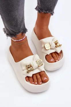 Hot Piankowe Klapki Damskie Z Kokardą Białe Salessa Damskie Klapki Na Platformie|Klapki Damskie Klasyczne