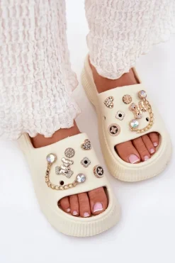 Best Piankowe Klapki Damskie Ze Złotymi Przypinkami Jasnobeżowe Hortiana Damskie Klapki Basenowe|Klapki Na Platformie