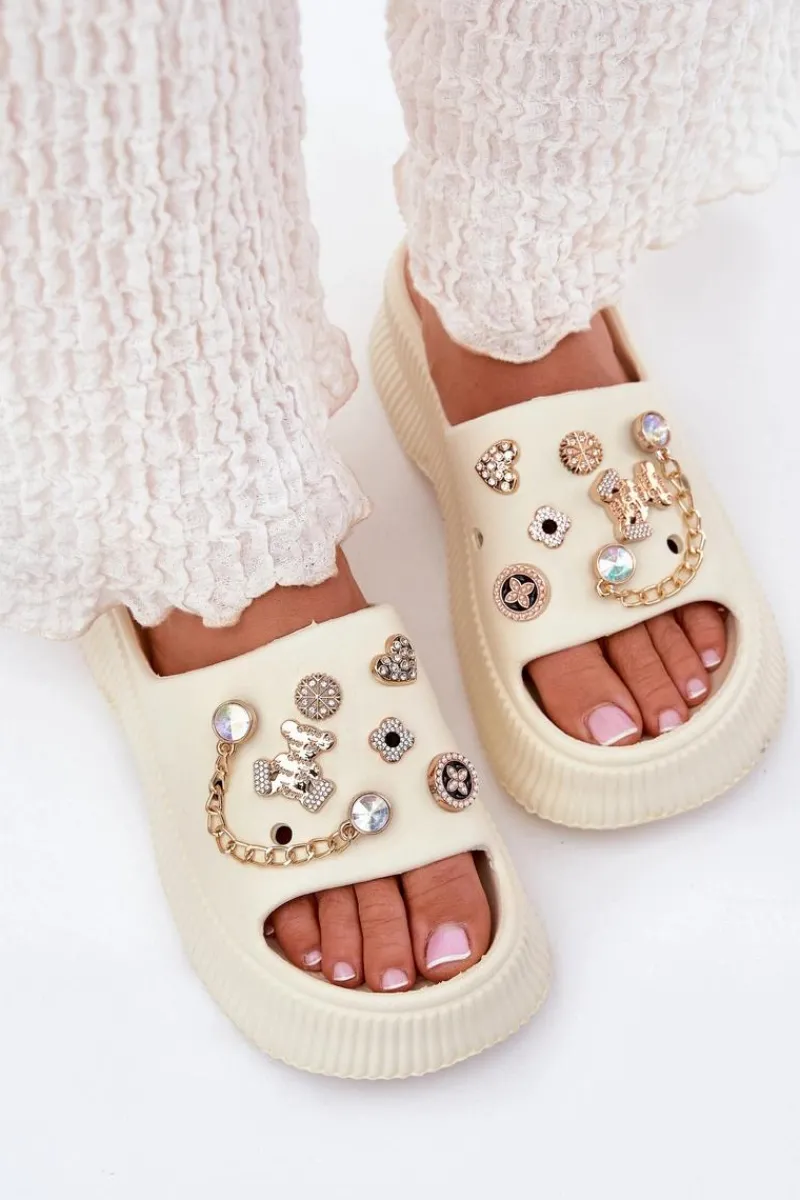 Best Piankowe Klapki Damskie Ze Złotymi Przypinkami Jasnobeżowe Hortiana Damskie Klapki Basenowe|Klapki Na Platformie