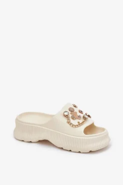 Best Piankowe Klapki Damskie Ze Złotymi Przypinkami Jasnobeżowe Hortiana Damskie Klapki Basenowe|Klapki Na Platformie