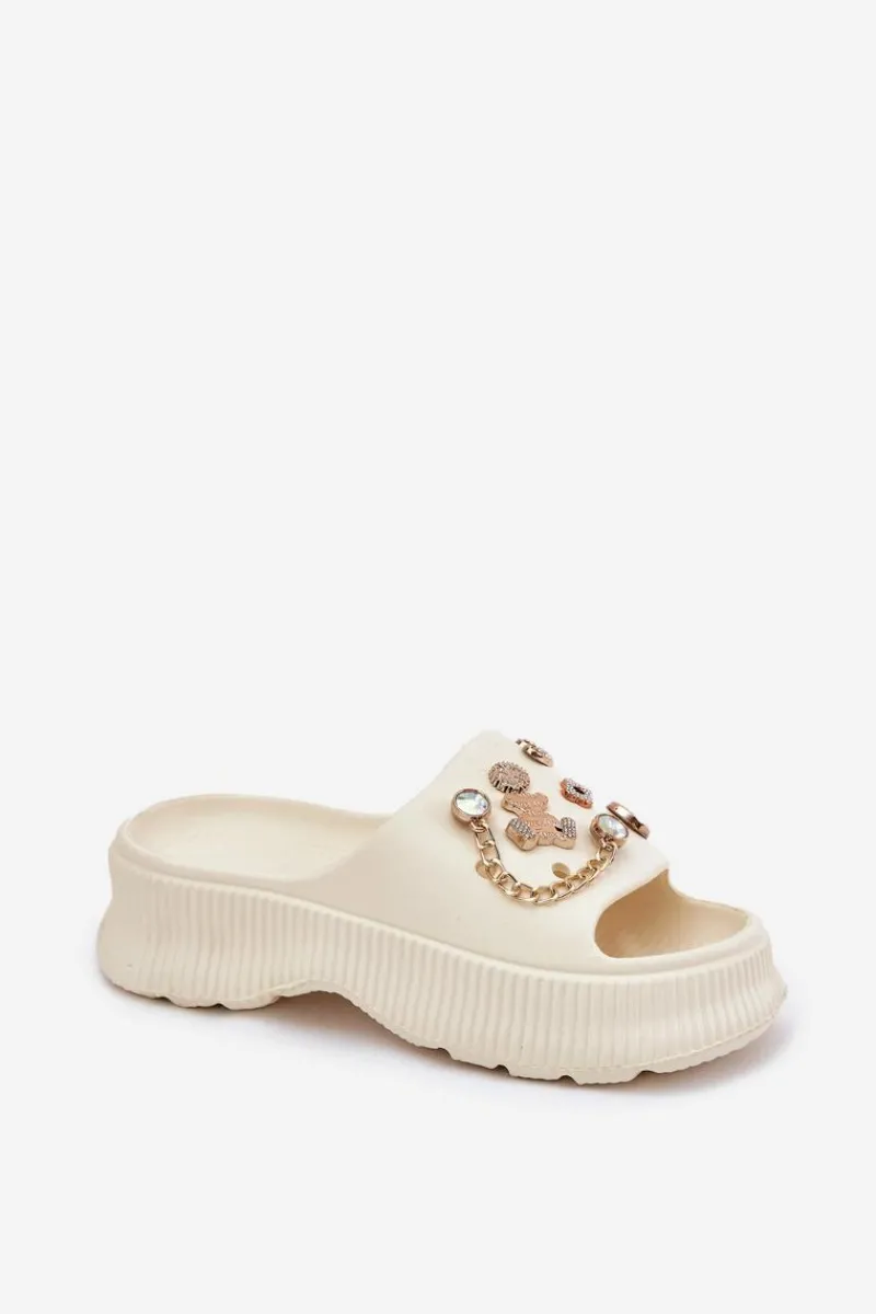 Best Piankowe Klapki Damskie Ze Złotymi Przypinkami Jasnobeżowe Hortiana Damskie Klapki Basenowe|Klapki Na Platformie