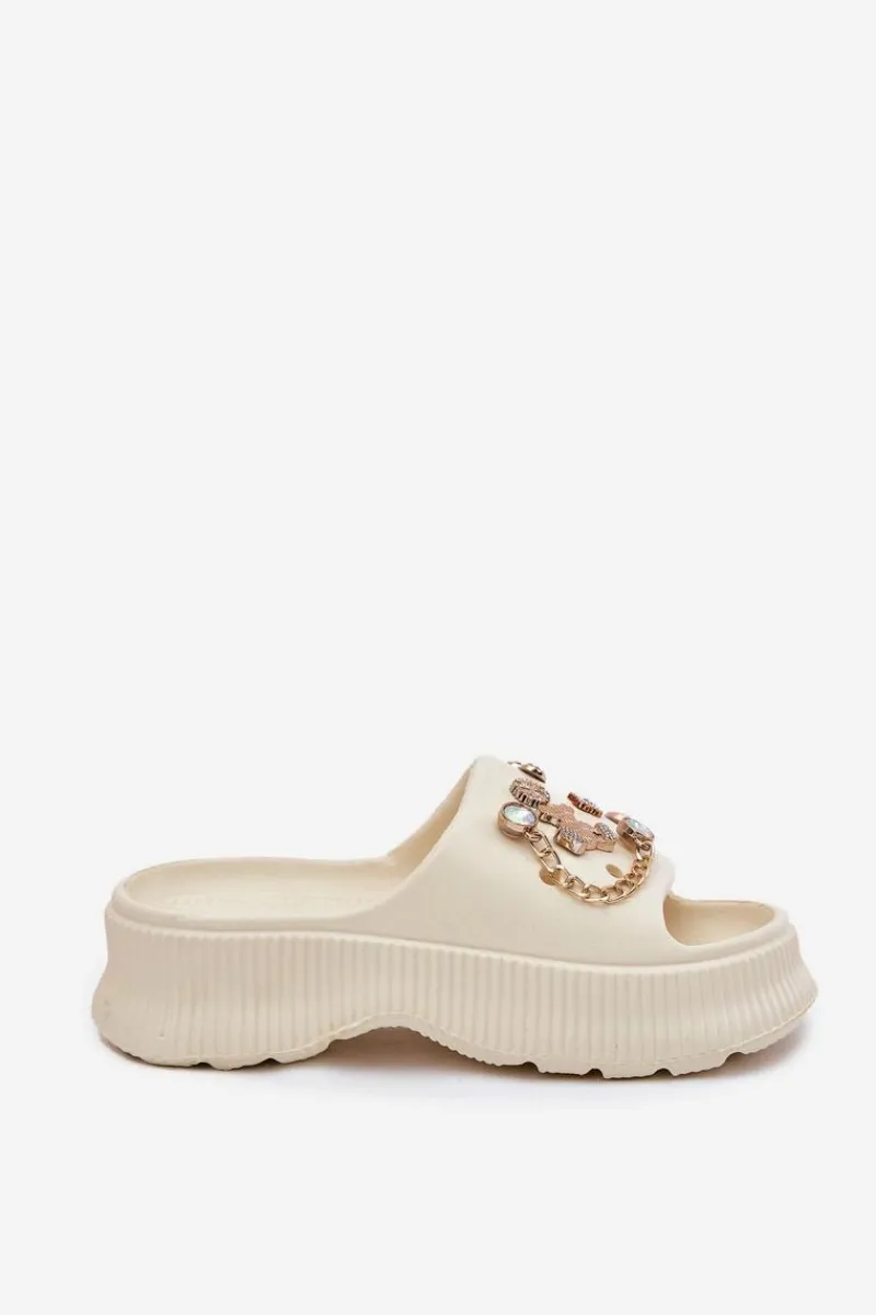 Best Piankowe Klapki Damskie Ze Złotymi Przypinkami Jasnobeżowe Hortiana Damskie Klapki Basenowe|Klapki Na Platformie