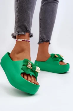 Boto Piankowe Klapki Damskie Z Kokardą Zielone Salessa