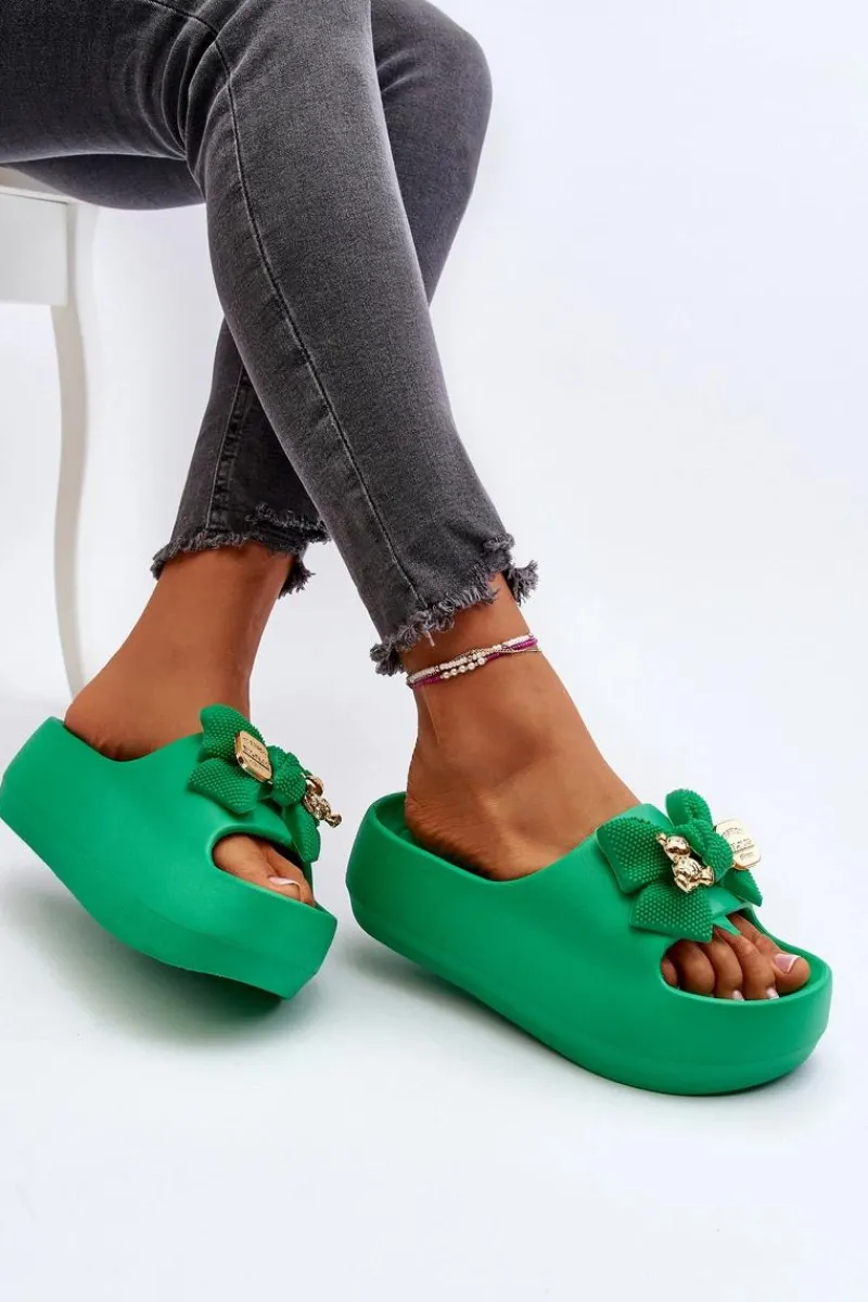 Boto Piankowe Klapki Damskie Z Kokardą Zielone Salessa