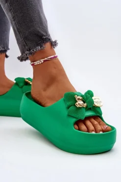 Boto Piankowe Klapki Damskie Z Kokardą Zielone Salessa