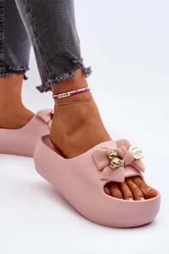 Boto Piankowe Klapki Damskie Z Kokardą Różowe Salessa Różowy