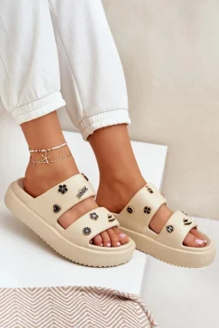 New Boto Piankowe Klapki Damskie Z Przypinkami Beżowe Ravanala Beżowy