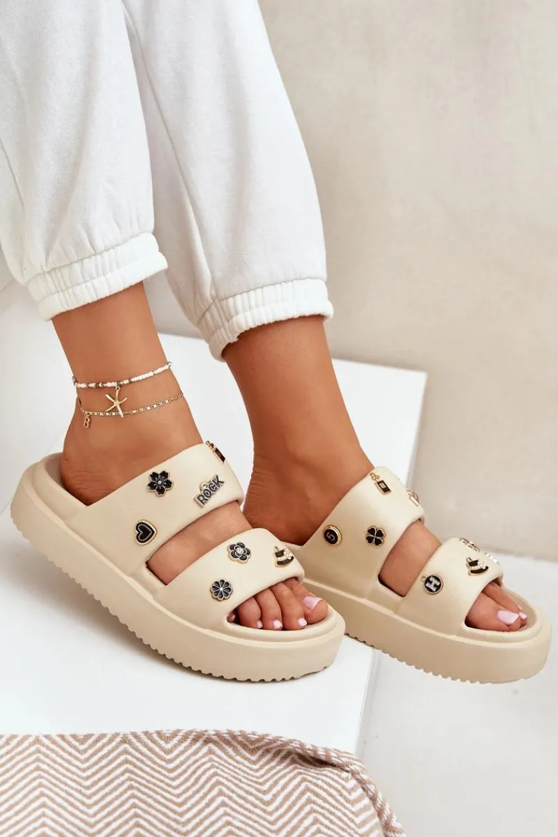 New Boto Piankowe Klapki Damskie Z Przypinkami Beżowe Ravanala Beżowy