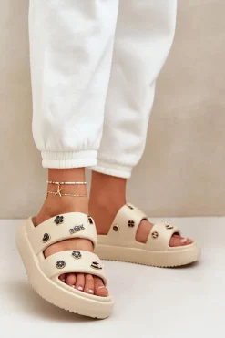 New Boto Piankowe Klapki Damskie Z Przypinkami Beżowe Ravanala Beżowy