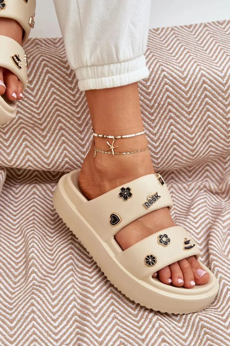 New Boto Piankowe Klapki Damskie Z Przypinkami Beżowe Ravanala Beżowy