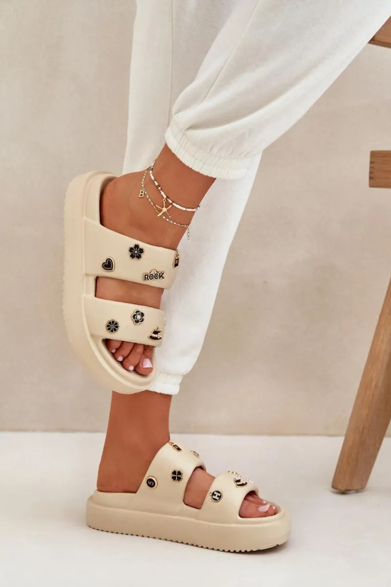 New Boto Piankowe Klapki Damskie Z Przypinkami Beżowe Ravanala Beżowy