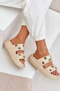 New Boto Piankowe Klapki Damskie Z Przypinkami Beżowe Ravanala Beżowy