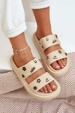 New Boto Piankowe Klapki Damskie Z Przypinkami Beżowe Ravanala Beżowy