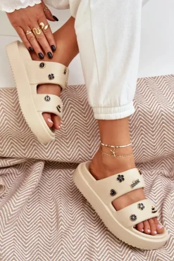 New Boto Piankowe Klapki Damskie Z Przypinkami Beżowe Ravanala Beżowy