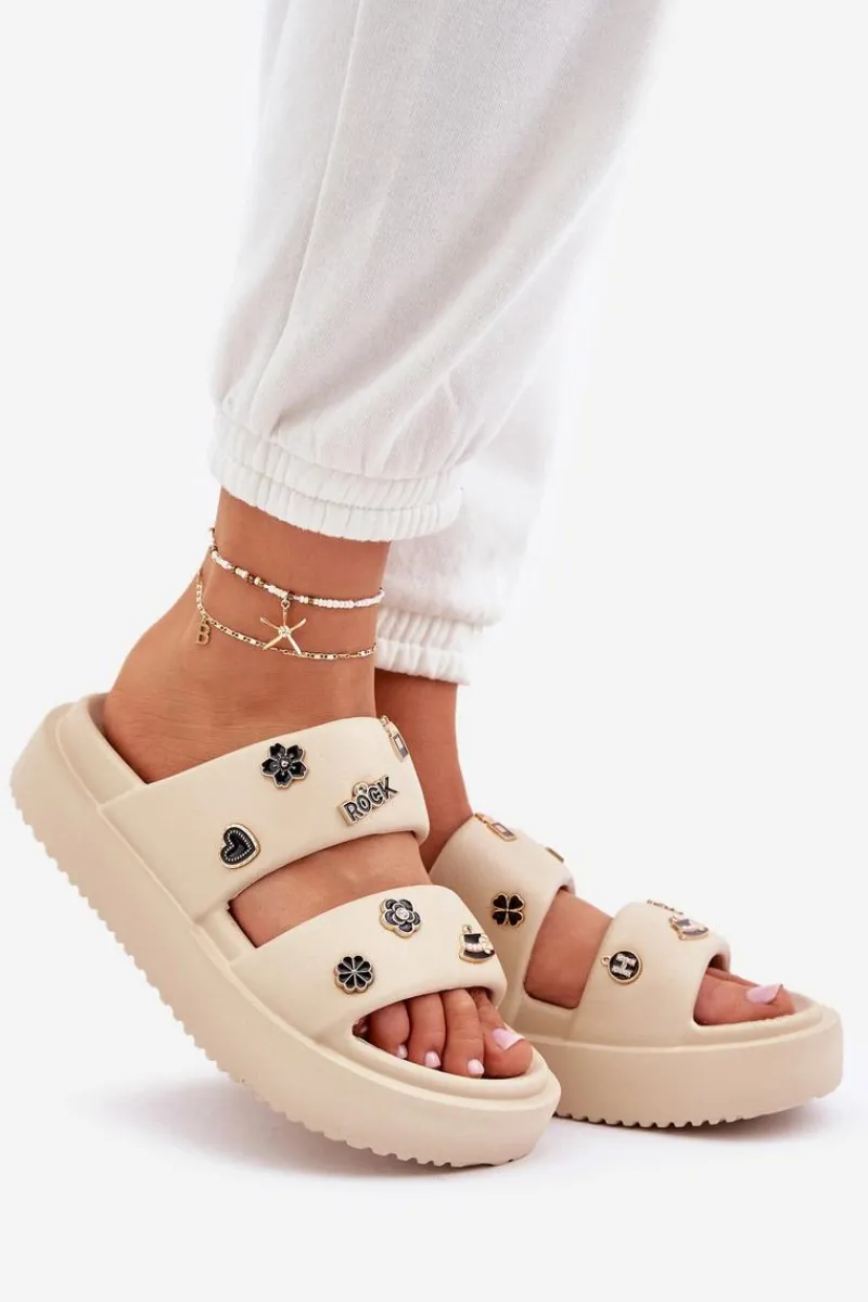 New Boto Piankowe Klapki Damskie Z Przypinkami Beżowe Ravanala Beżowy