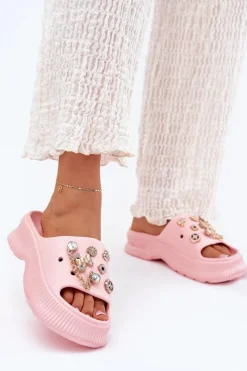 New Piankowe Klapki Damskie Ze Złotymi Przypinkami Różowe Hortiana Damskie Klapki Basenowe|Klapki Na Platformie