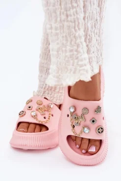 New Piankowe Klapki Damskie Ze Złotymi Przypinkami Różowe Hortiana Damskie Klapki Basenowe|Klapki Na Platformie