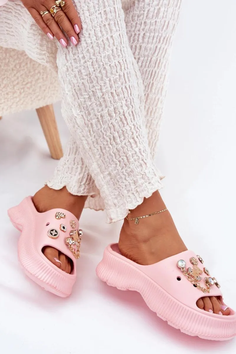 New Piankowe Klapki Damskie Ze Złotymi Przypinkami Różowe Hortiana Damskie Klapki Basenowe|Klapki Na Platformie