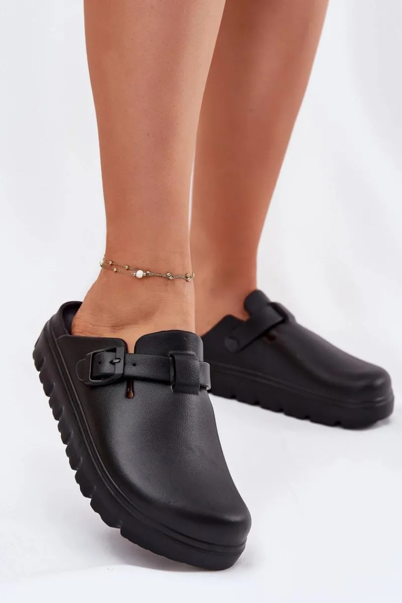 Sale Piankowe Klapki Damskie Z Paskiem I Klamrą Czarne Larinie Damskie Klapki Basenowe|Klapki Na Platformie