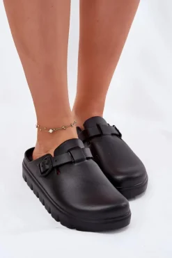 Sale Piankowe Klapki Damskie Z Paskiem I Klamrą Czarne Larinie Damskie Klapki Basenowe|Klapki Na Platformie