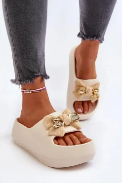 Outlet Piankowe Klapki Damskie Z Kokardą Beżowe Salessa Damskie Klapki Na Platformie|Klapki Damskie Klasyczne