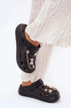 Klapki Basenowe|Klapki Na Platformie></noscript>Boto Piankowe Klapki Damskie Z Przypinkami Czarne Linaviela