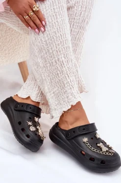 Klapki Basenowe|Klapki Na Platformie></noscript>Boto Piankowe Klapki Damskie Z Przypinkami Czarne Linaviela