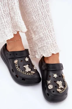 Klapki Basenowe|Klapki Na Platformie></noscript>Boto Piankowe Klapki Damskie Z Przypinkami Czarne Linaviela