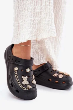 Klapki Basenowe|Klapki Na Platformie></noscript>Boto Piankowe Klapki Damskie Z Przypinkami Czarne Linaviela