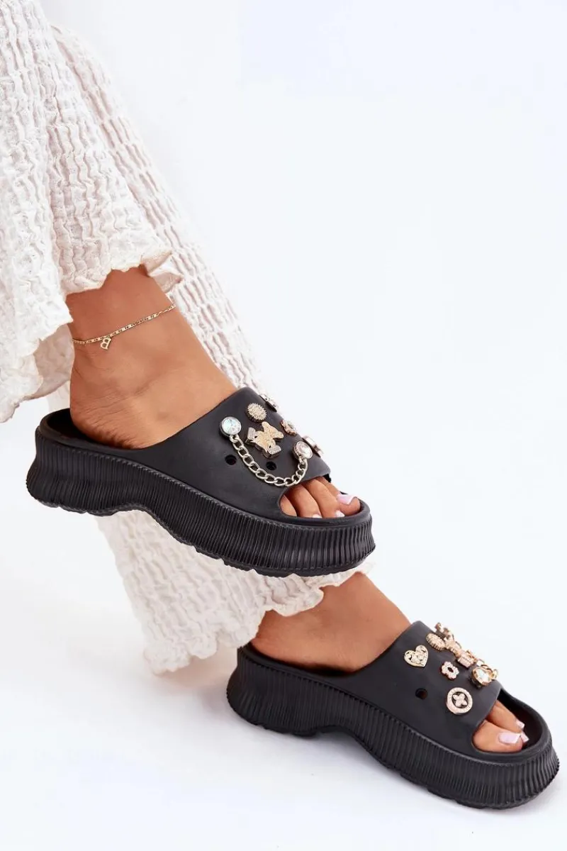 Discount Boto Piankowe Klapki Damskie Ze Złotymi Przypinkami Czarne Hortiana Czarny