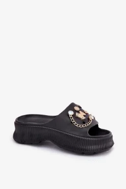 Discount Boto Piankowe Klapki Damskie Ze Złotymi Przypinkami Czarne Hortiana Czarny